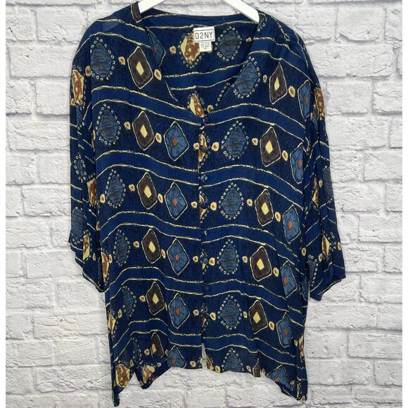 Vintage D2NY Textured Short Sleeve Shirt Womens 2X Button Front Textured Blue - Picture 1 of 7
